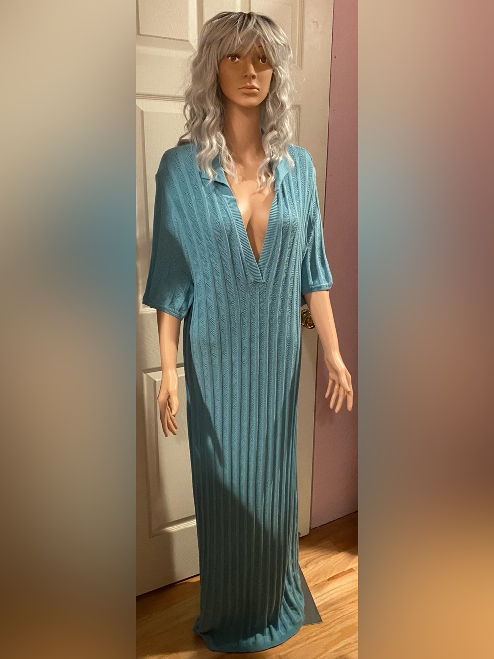 VENUS Teal Plunge V-Neck Ribbed Maxi Dress